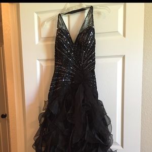 Black beaded halter hi-low dress
